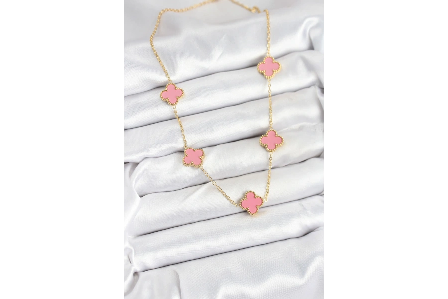 Shoecide 316l Çelik Zincir Gold Pembe Renk Yonca Kadın Kolye