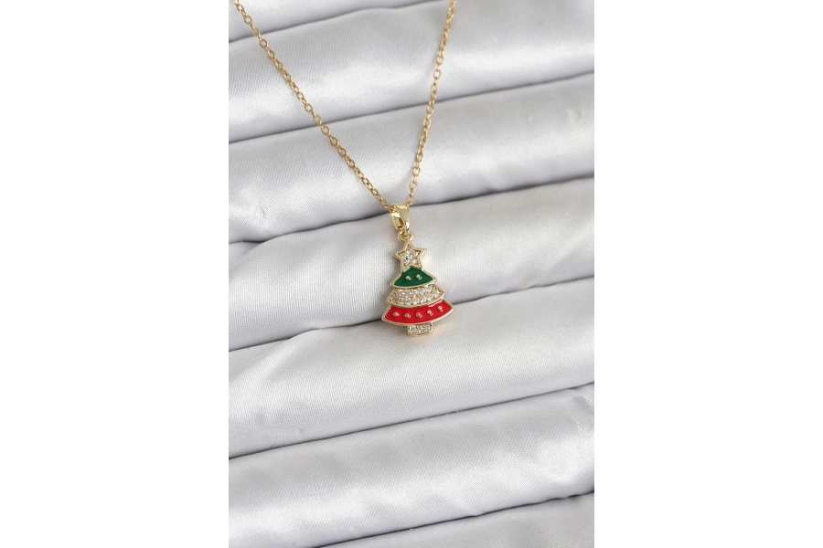 Shoecide 316l Çelik Zincir Gold Ren Çam Ağacı Model Zirkon Taşlı Yılbaşı Temalı Kadın Kolye