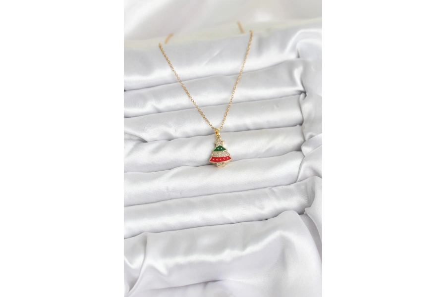 Shoecide 316l Çelik Zincir Gold Ren Çam Ağacı Model Zirkon Taşlı Yılbaşı Temalı Kadın Kolye