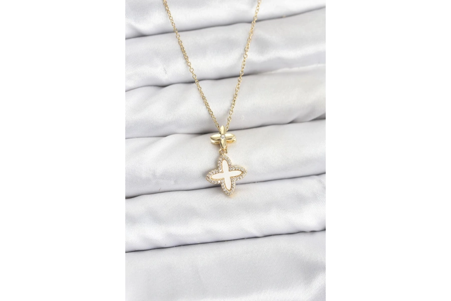 Shoecide 316l Çelik Zincir Gold Renk 4 Yapraklı Yonca Model Zirkon Taşlı Kadın Kolye