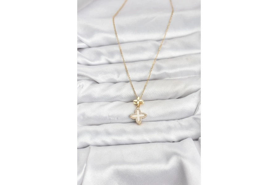 Shoecide 316l Çelik Zincir Gold Renk 4 Yapraklı Yonca Model Zirkon Taşlı Kadın Kolye