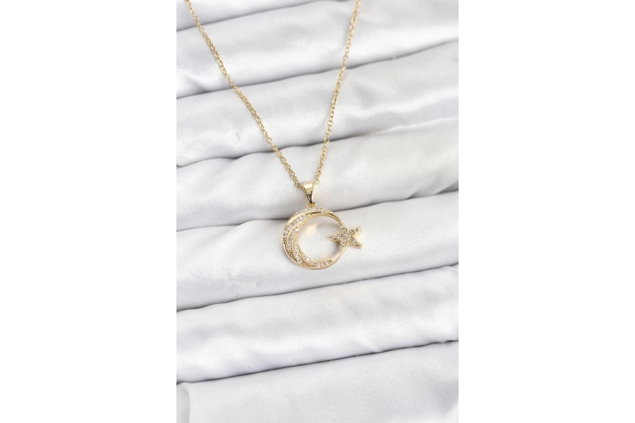 Shoecide 316l Çelik Zincir Gold Renk Ay Yıldız Model Zirkon Taşlı Kadın Kolye