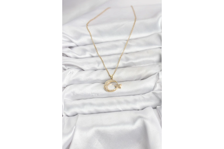 Shoecide 316l Çelik Zincir Gold Renk Ay Yıldız Model Zirkon Taşlı Kadın Kolye