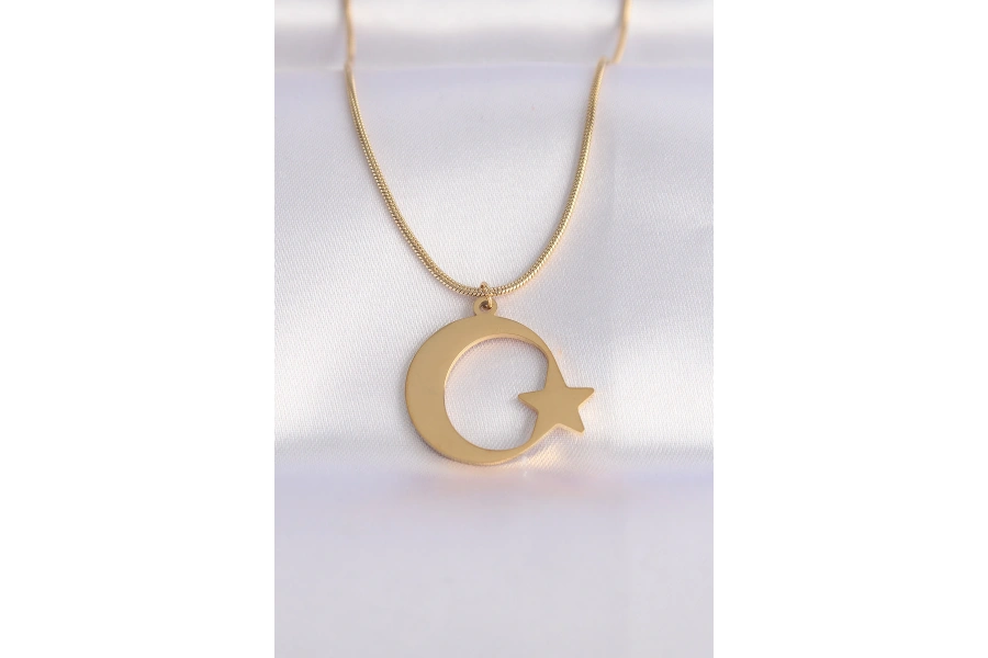 Shoecide 316l Çelik Zincir Gold Renk Ay Yıldız Unisex Kolye