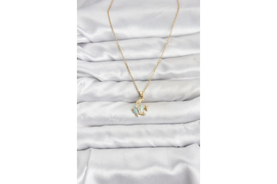 Shoecide 316l Çelik Zincir Gold Renk Balık Model Zirkon Taşlı Kadın Kolye