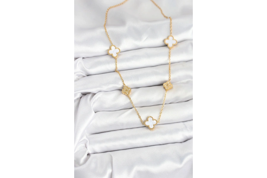 Shoecide 316l Çelik Zincir Gold Renk Beyaz Ve Zirkon Taşlı Yonca Kadın Kolye