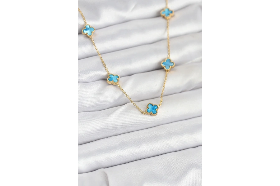 Shoecide 316l Çelik Zincir Gold Renk Buz Mavisi Baby Boy Yonca Kadın Kolye