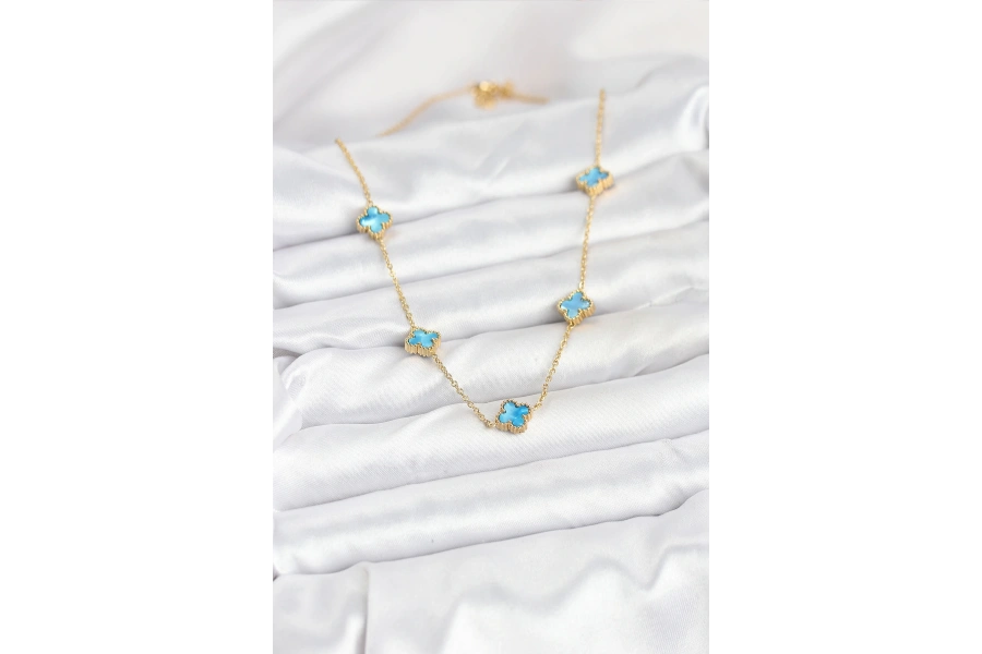 Shoecide 316l Çelik Zincir Gold Renk Buz Mavisi Baby Boy Yonca Kadın Kolye