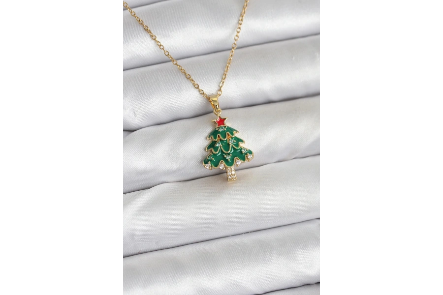 Shoecide 316l Çelik Zincir Gold Renk Çam Ağacı Model Yılbaşı Temalı Kadın Kolye