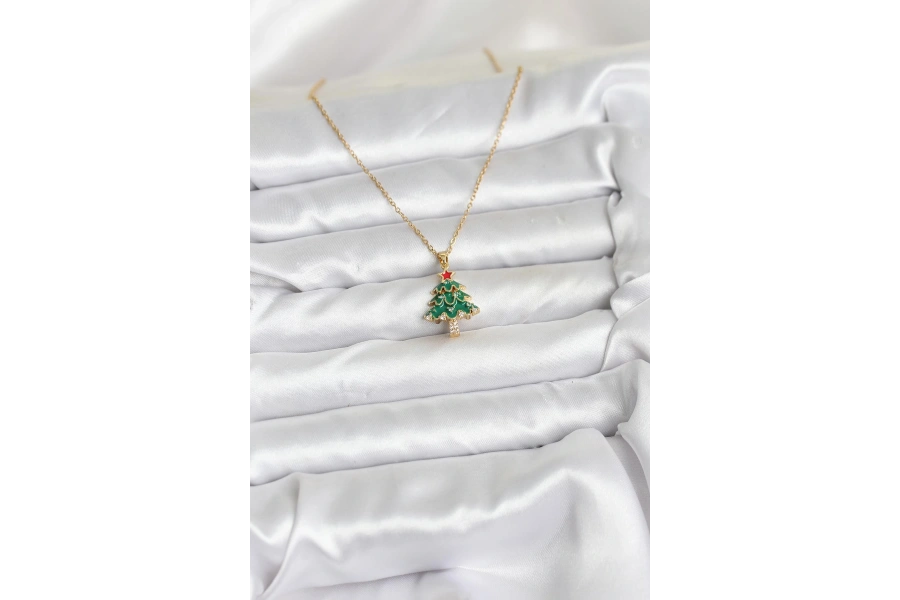 Shoecide 316l Çelik Zincir Gold Renk Çam Ağacı Model Yılbaşı Temalı Kadın Kolye