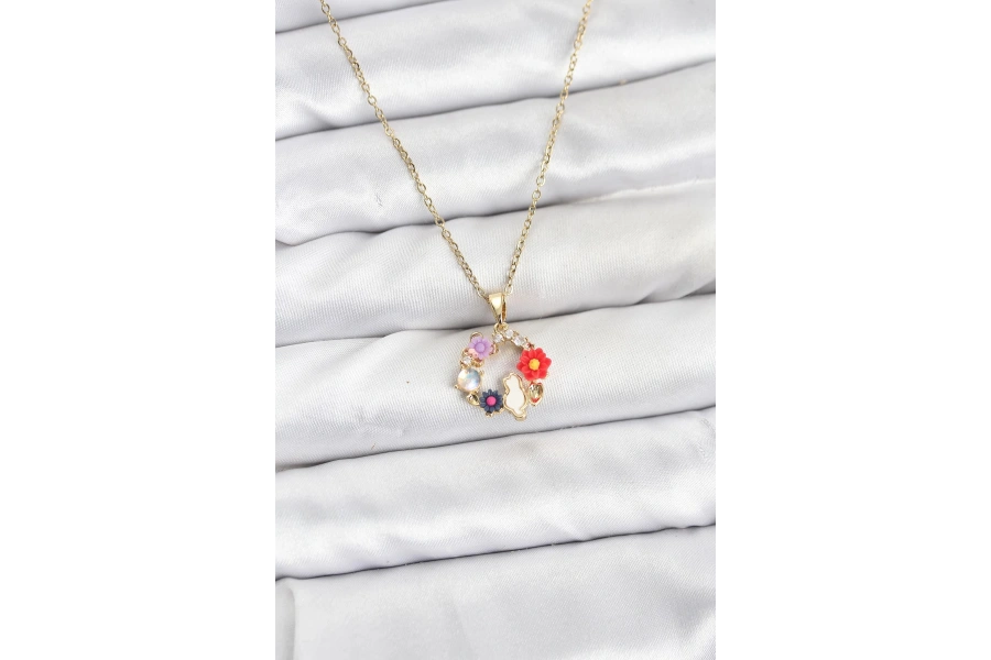 Shoecide 316l Çelik Zincir Gold Renk Çiçekli Kedili Model Kadın Kolye