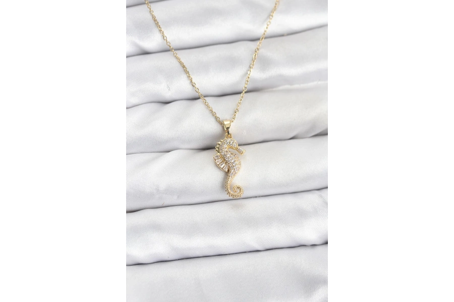 Shoecide 316l Çelik Zincir Gold Renk Deniz Atı Model Zirkon Taşlı Kadın Kolye