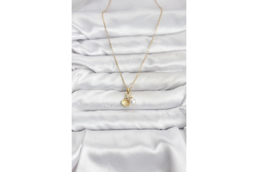 Shoecide 316l Çelik Zincir Gold Renk Deniz Kabuğu Ve Deniz Yıldızı Model Zirkon Taşlı Kadın Kolye