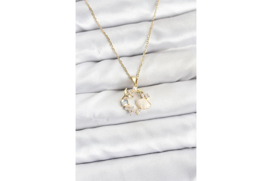 Shoecide 316l Çelik Zincir Gold Renk Deniz Tema Model Zirkon Taşlı Kadın Kolye