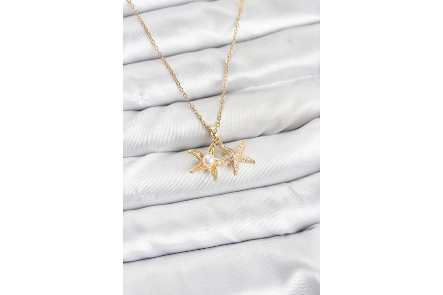Shoecide 316l Çelik Zincir Gold Renk Deniz Yıldızı Model Zirkon Taşlı Kadın Kolye