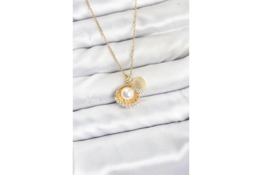 Shoecide 316l Çelik Zincir Gold Renk İncili Deniz Kabuğu Model Zirkon Taşlı Kadın Kolye