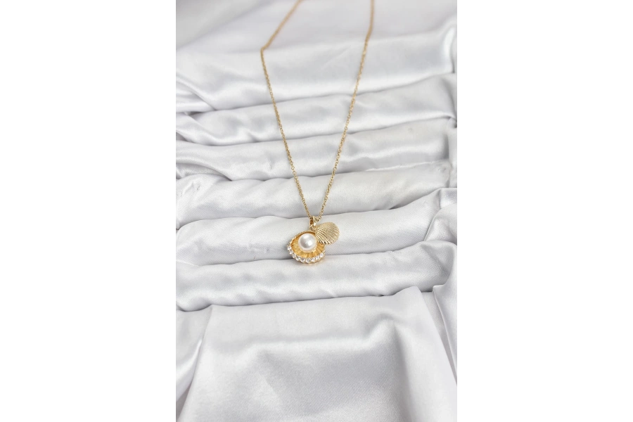 Shoecide 316l Çelik Zincir Gold Renk İncili Deniz Kabuğu Model Zirkon Taşlı Kadın Kolye