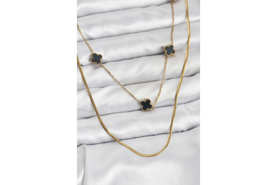 Shoecide 316l Çelik Zincir Gold Renk İtalyan Zincirli Siyah Yonca Model Kadın Kolye