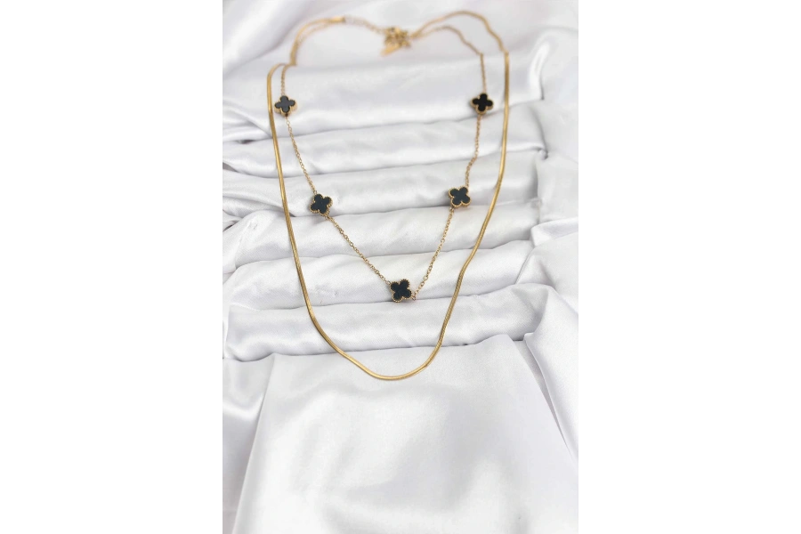 Shoecide 316l Çelik Zincir Gold Renk İtalyan Zincirli Siyah Yonca Model Kadın Kolye