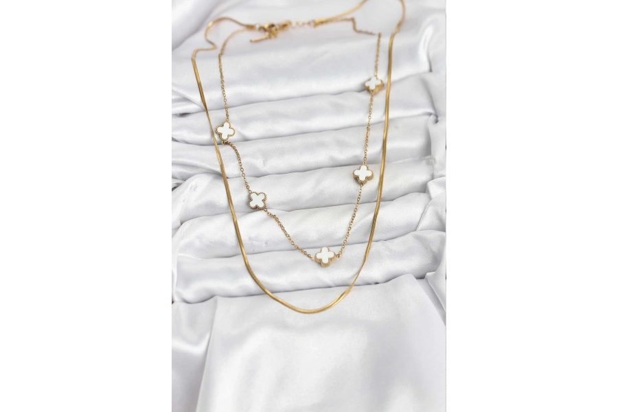 Shoecide 316l Çelik Zincir Gold Renk İtalyan Zincirli Yonca Model Kadın Kolye