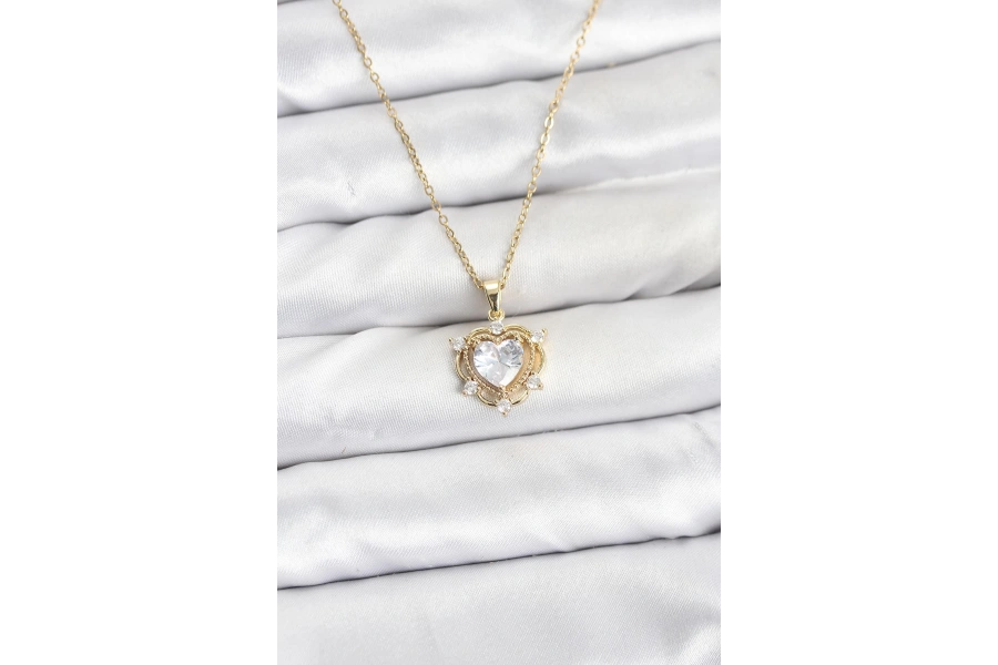 Shoecide 316l Çelik Zincir Gold Renk Kalp Model Zirkon Taşlı Kadın Kolye