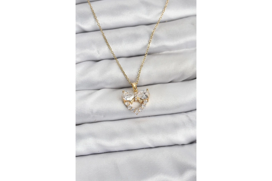 Shoecide 316l Çelik Zincir Gold Renk Kalp Ve Fiyonk Model Zirkon Taşlı Kadın Kolye