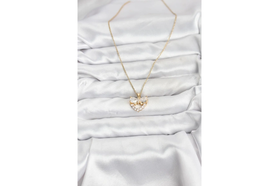 Shoecide 316l Çelik Zincir Gold Renk Kalp Ve Fiyonk Model Zirkon Taşlı Kadın Kolye