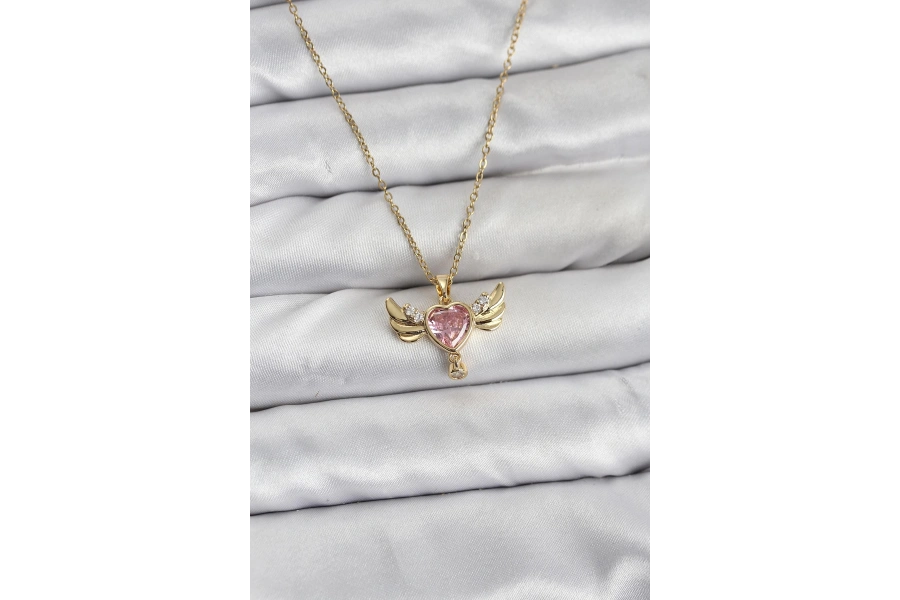 Shoecide 316l Çelik Zincir Gold Renk Kanatlı Kalp Model Zirkon Taşlı Kadın Kolye