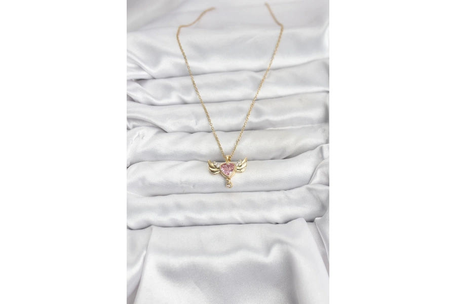 Shoecide 316l Çelik Zincir Gold Renk Kanatlı Kalp Model Zirkon Taşlı Kadın Kolye