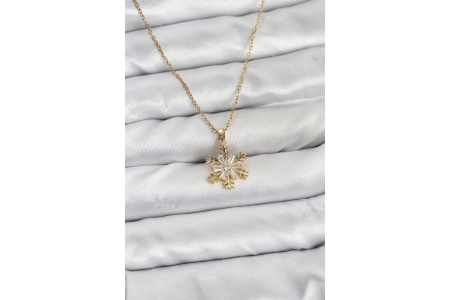 Shoecide 316l Çelik Zincir Gold Renk Kar Tanesi Model Zirkon Taşlı Kadın Kolye