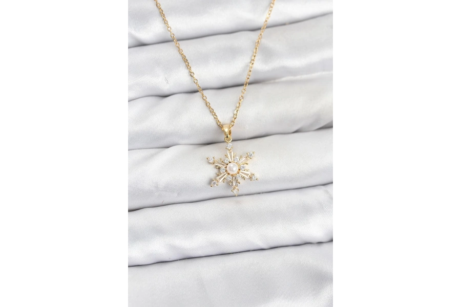 Shoecide 316l Çelik Zincir Gold Renk Kar Tanesi Model Zirkon Taşlı Kadın Kolye
