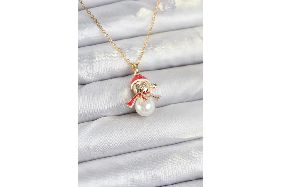 Shoecide 316l Çelik Zincir Gold Renk Kardan Adam Model Yılbaşı Temalı Kadın Kolye