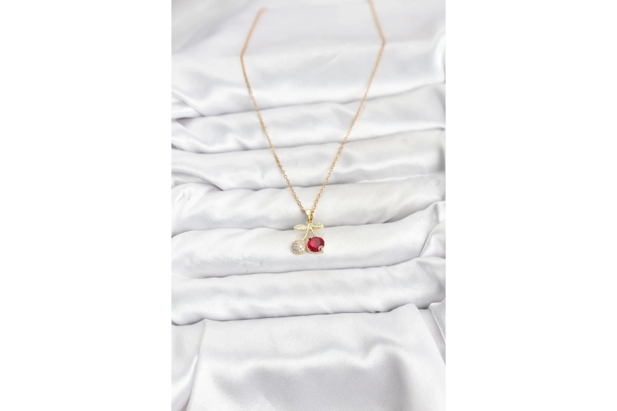 Shoecide 316l Çelik Zincir Gold Renk Kiraz Model Zirkon Taşlı Kadın Kolye