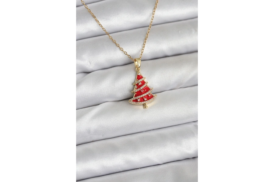 Shoecide 316l Çelik Zincir Gold Renk Kırmızı Çam Ağacı Model Yılbaşı Temalı Kadın Kolye