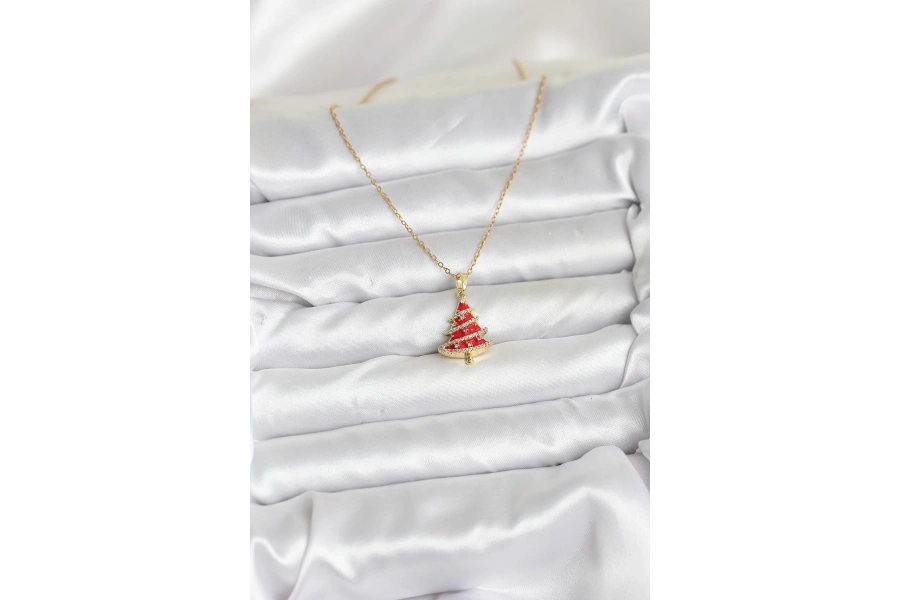 Shoecide 316l Çelik Zincir Gold Renk Kırmızı Çam Ağacı Model Yılbaşı Temalı Kadın Kolye