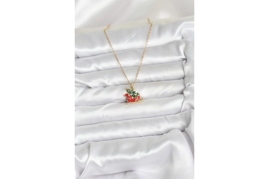 Shoecide 316l Çelik Zincir Gold Renk Kızak Ve Çam Ağacı Figürlü Yılbaşı Temalı Kadın Kolye