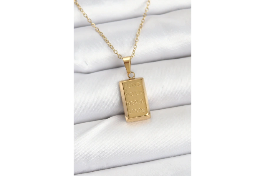 Shoecide 316l Çelik Zincir Gold Renk Külçe Altın Model Kadın Kolye