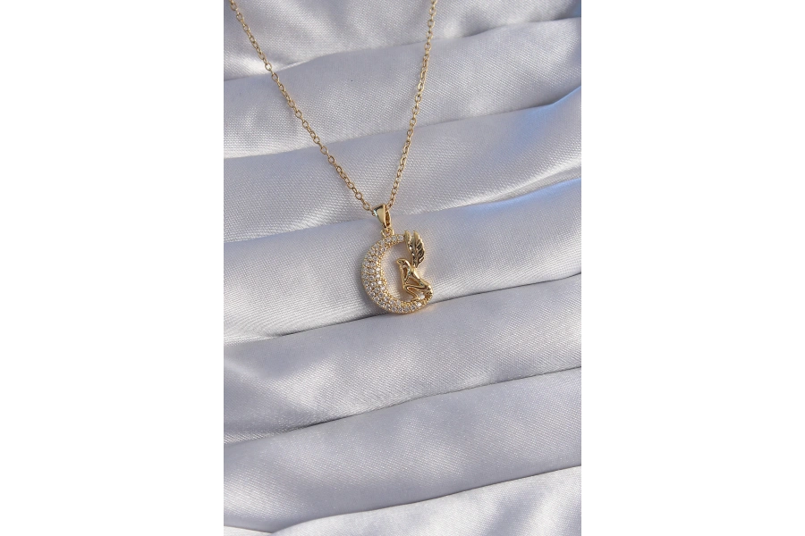 Shoecide 316l Çelik Zincir Gold Renk Kuş Figürlü Zirkon Taşlı Ay Tasarımlı Kolye