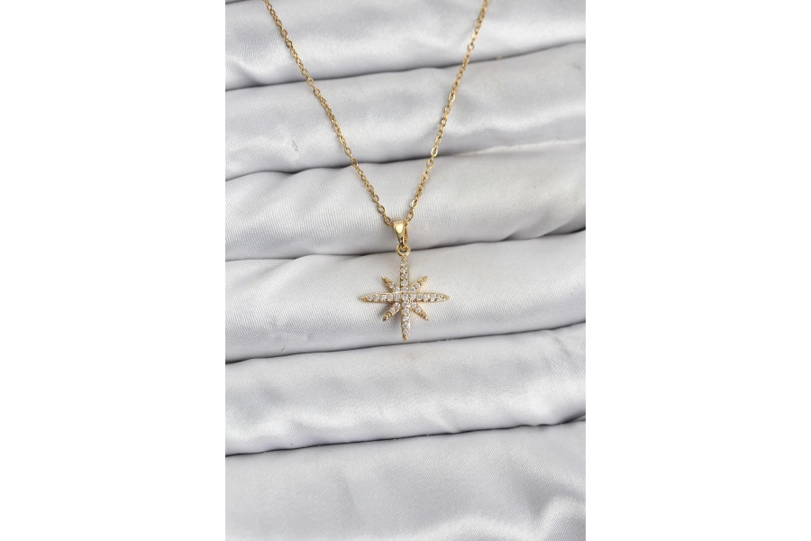 Shoecide 316l Çelik Zincir Gold Renk Kutup Yıldızı Model Zirkon Taşlı Kadın Kolye