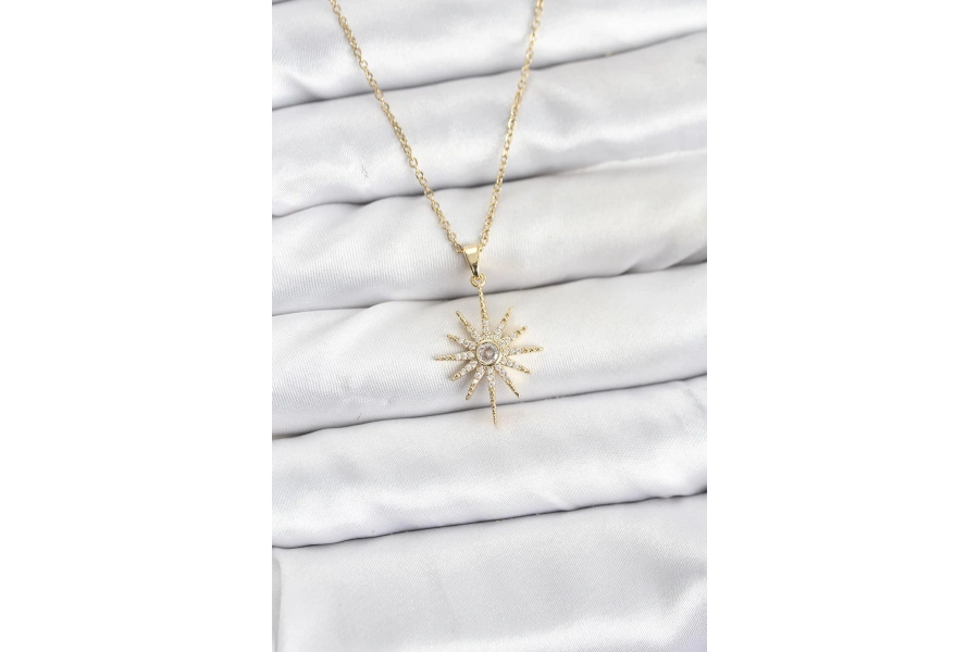 Shoecide 316l Çelik Zincir Gold Renk Kutup Yıldızı Model Zirkon Taşlı Kadın Kolye