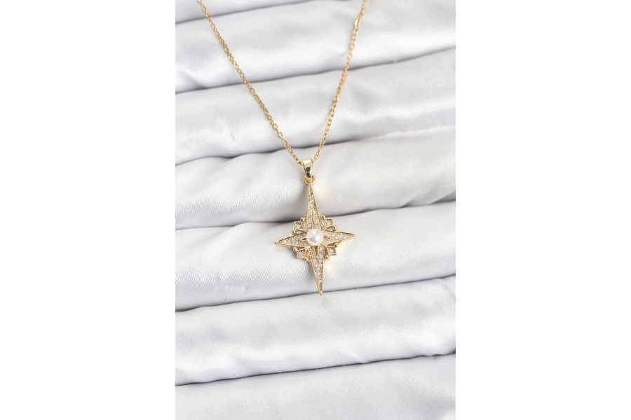 Shoecide 316l Çelik Zincir Gold Renk Kutup Yıldızı Model Zirkon Taşlı Kadın Kolye