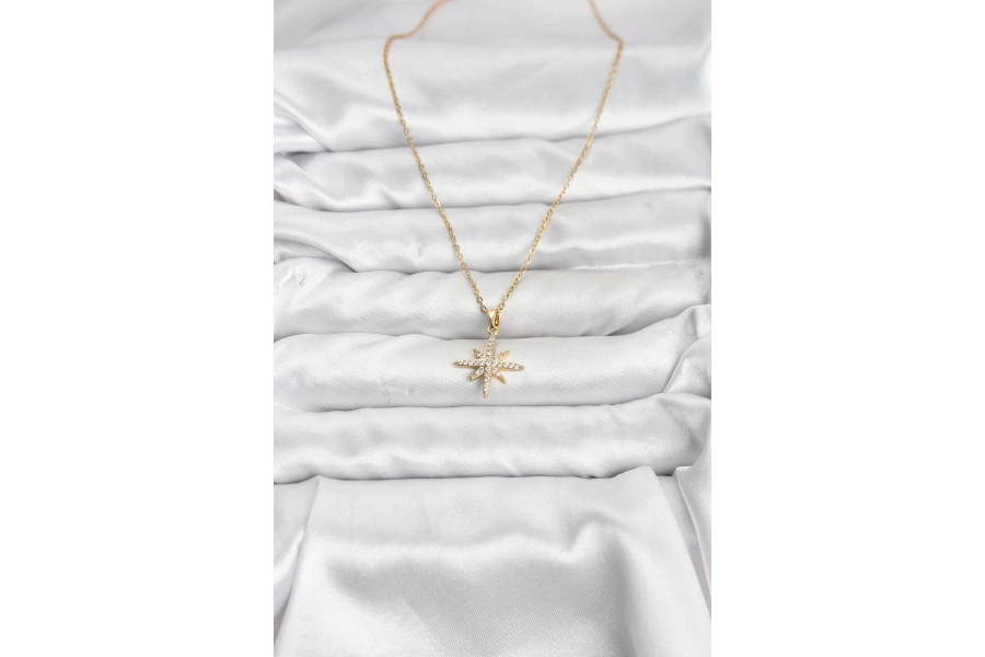 Shoecide 316l Çelik Zincir Gold Renk Kutup Yıldızı Model Zirkon Taşlı Kadın Kolye