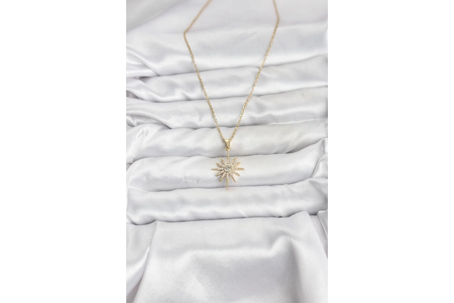 Shoecide 316l Çelik Zincir Gold Renk Kutup Yıldızı Model Zirkon Taşlı Kadın Kolye