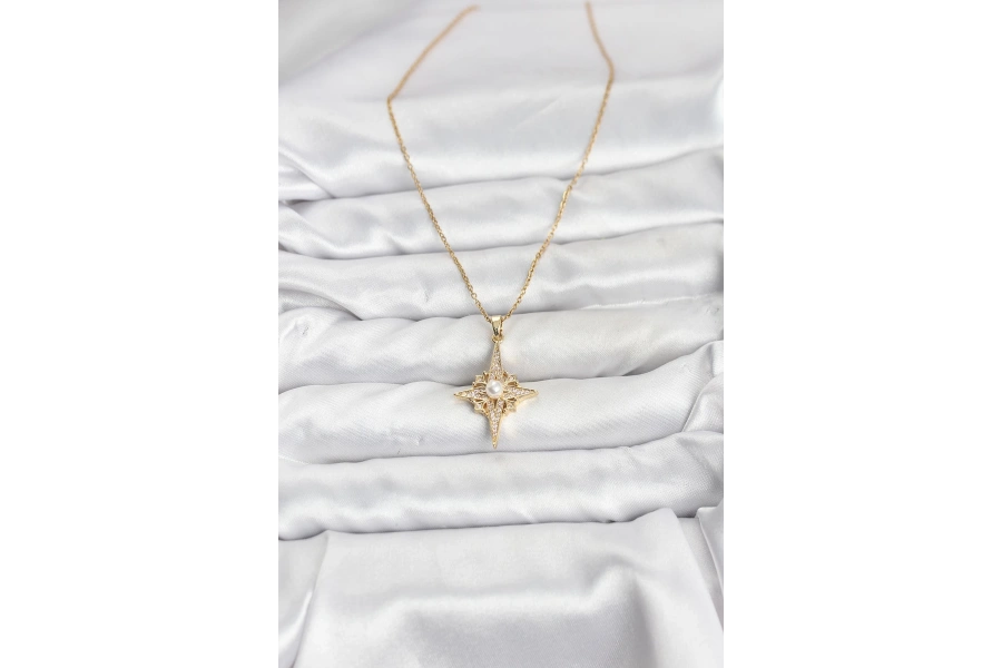 Shoecide 316l Çelik Zincir Gold Renk Kutup Yıldızı Model Zirkon Taşlı Kadın Kolye