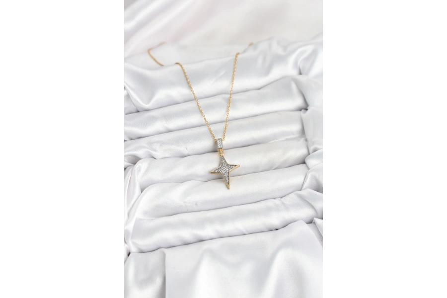 Shoecide 316l Çelik Zincir Gold Renk Kutup Yıldızı Model Zirkon Taşlı Kadın Kolye