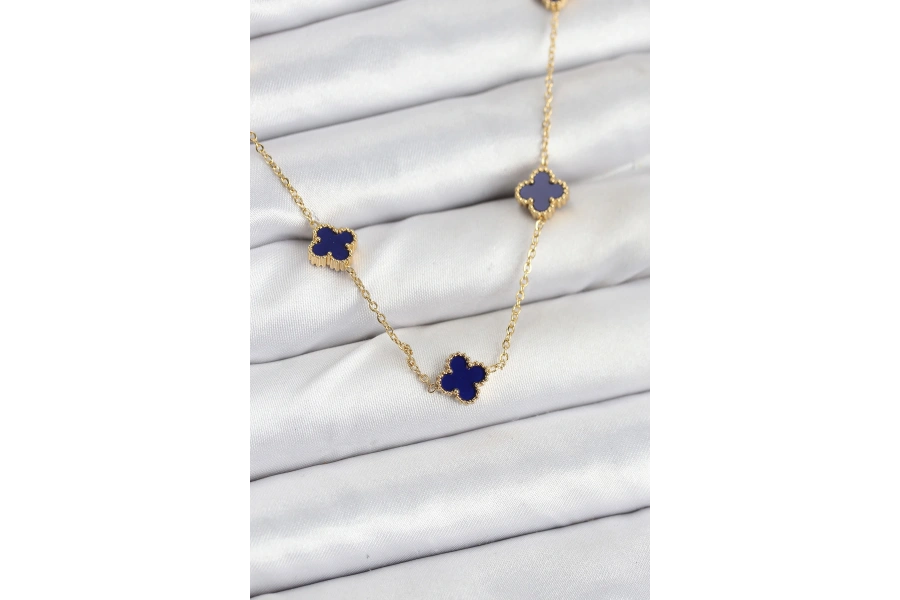 Shoecide 316l Çelik Zincir Gold Renk Lacivert Baby Boy Yonca Kadın Kolye