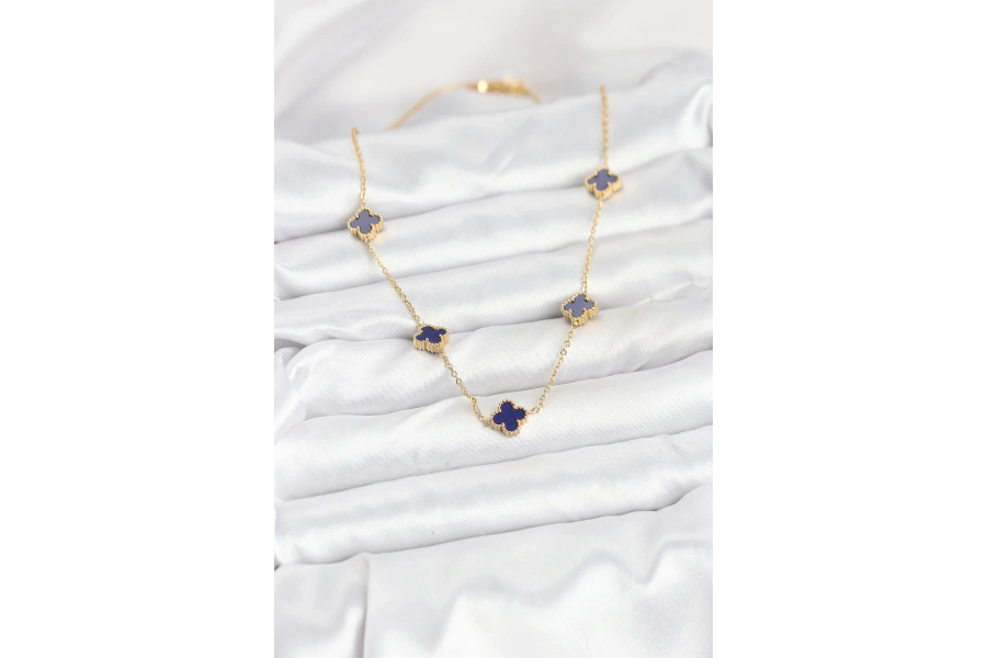 Shoecide 316l Çelik Zincir Gold Renk Lacivert Baby Boy Yonca Kadın Kolye