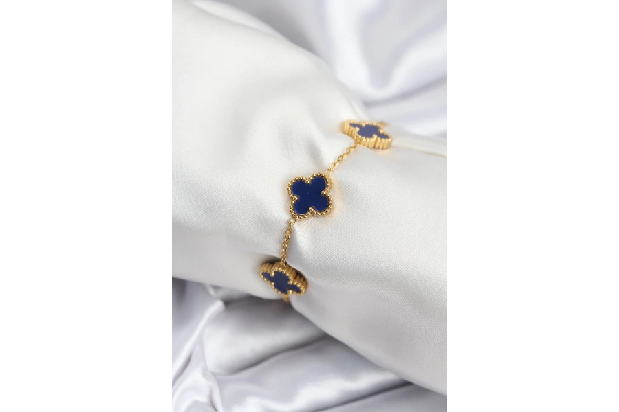 Shoecide 316l Çelik Zincir Gold Renk Lacivert Yonca Kadın Bileklik