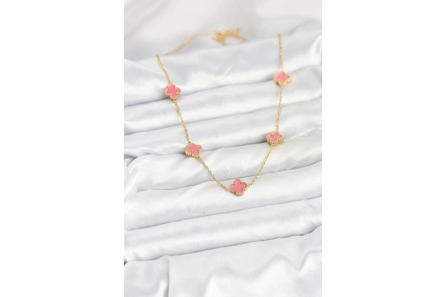 Shoecide 316l Çelik Zincir Gold Renk Pembe Baby Boy Yonca Kadın Kolye