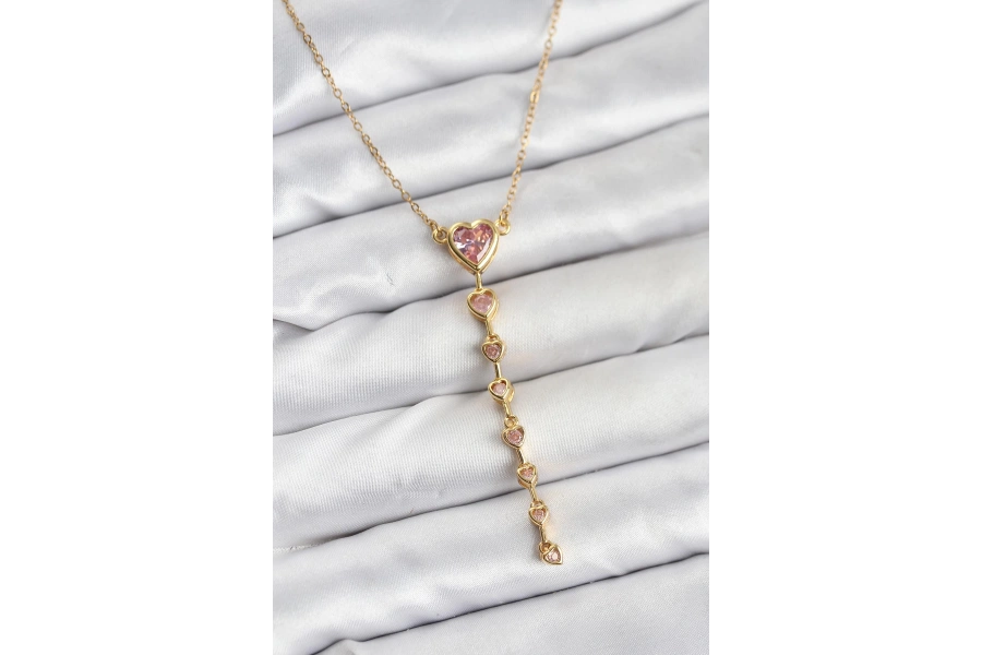 Shoecide 316l Çelik Zincir Gold Renk Pembe Kalp Kadın Kolye